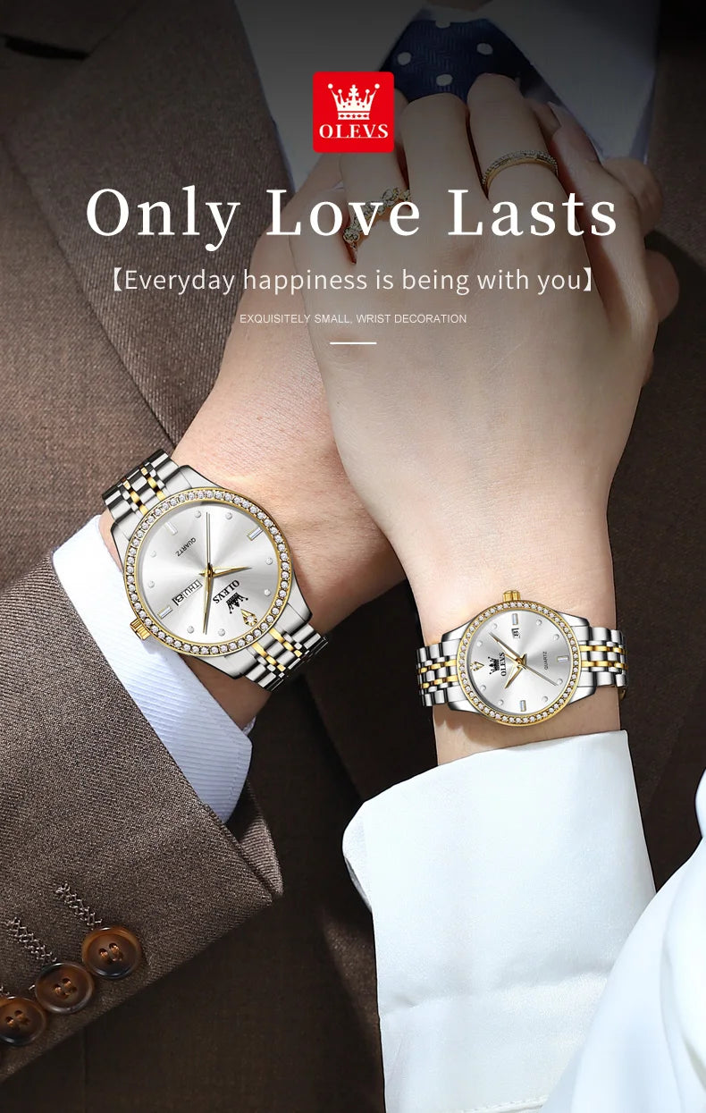 OLEVS Couple Watch Luxury Brand Business Waterproof Stainless Steel Watch Elegant Dress His or Her Diamond Quartz Couple Watch