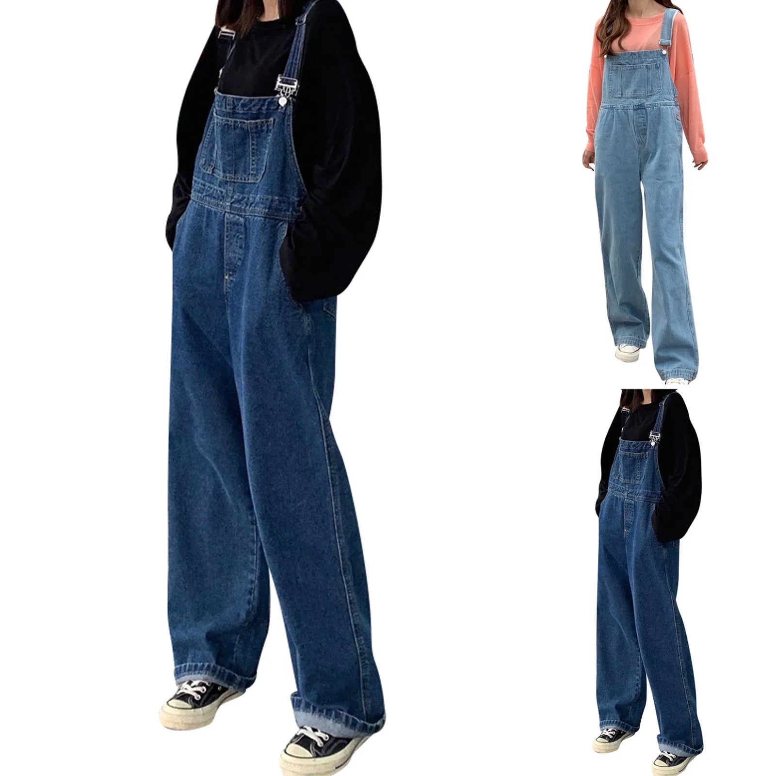 Jeasn Women Denim Overalls Y2k Korean Style Spaghetti Strap Retro Jumpsuits With Pockets Oversized Buttoned Wide Leg Playsuits