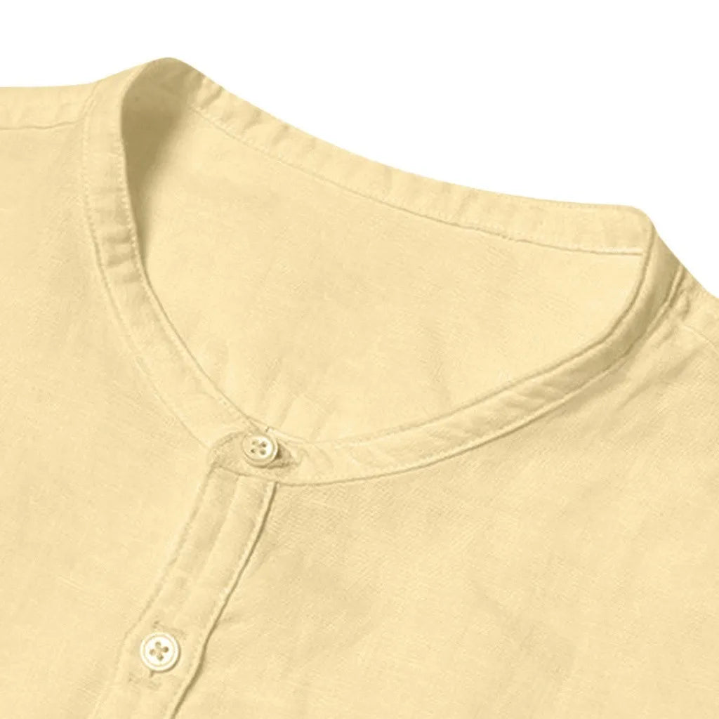 Mens Pullover Linen Shirts Short Sleeve Summer Breathable Mens Button V Neck Casual Henley Shirt Slim Fit Solid Cotton Shirts