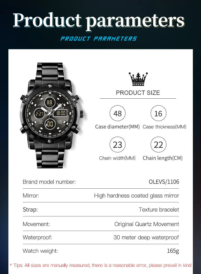 OLEVS Original Brand Men's Watches Waterproof Trendy Electronic Watch Multifunctional LED Luminous Fashion Stainless Steel