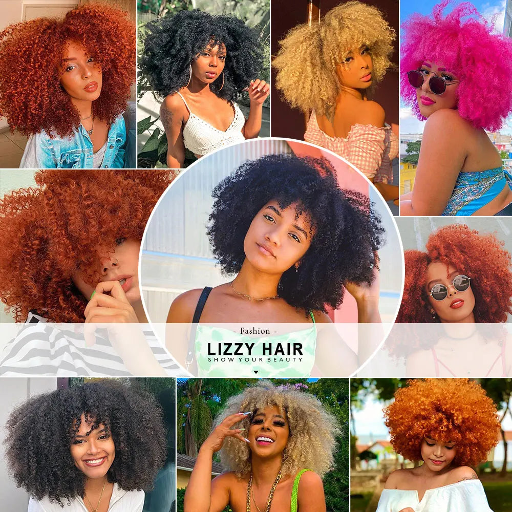 Kurze Afro-Lockenperücke mit Pony, synthetische, afrikanische, kleberlose, flauschige, schwarze, Ombre-braune, lockige Damenperücken