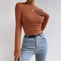 Women'S Solid Color Knit Pleated Side Long Sleeve T-Shirt Long Sleeves Solid Slim Tees All Match Basic Tops Undershirt 2024