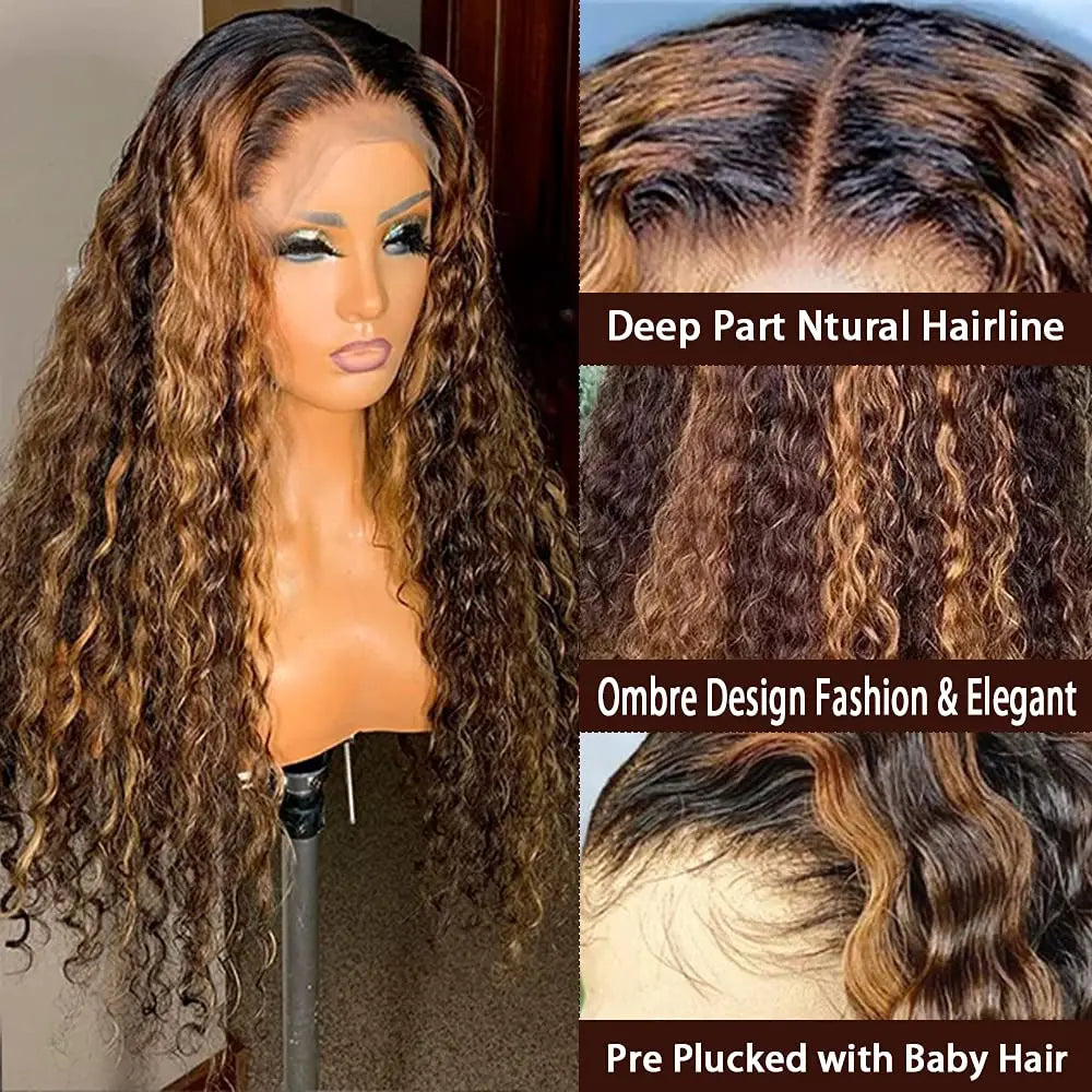 Sleek Curly Human Hair Wig For Women Brown Highlights Lace Wig Remy Brazilian Hair Wigs 13X1 Water Wave Woman  T Part Lace Wigs