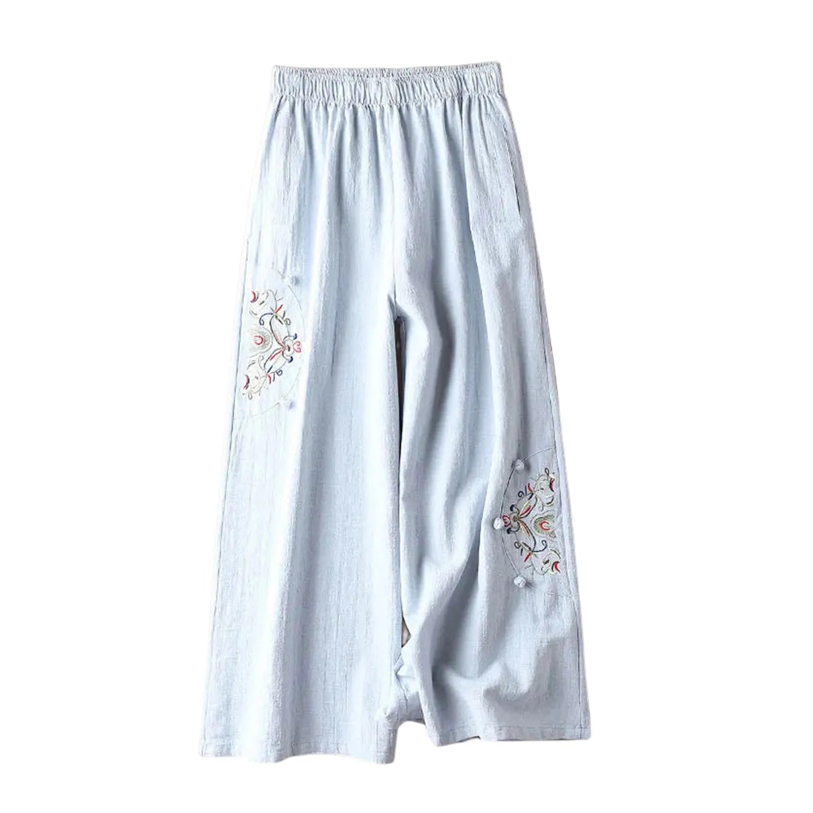 Women Ethnic Style Casual Pants For Women Embroidered Elastic Waist Wide Leg Trousers Women Pantalones Cotton Linen Culottes