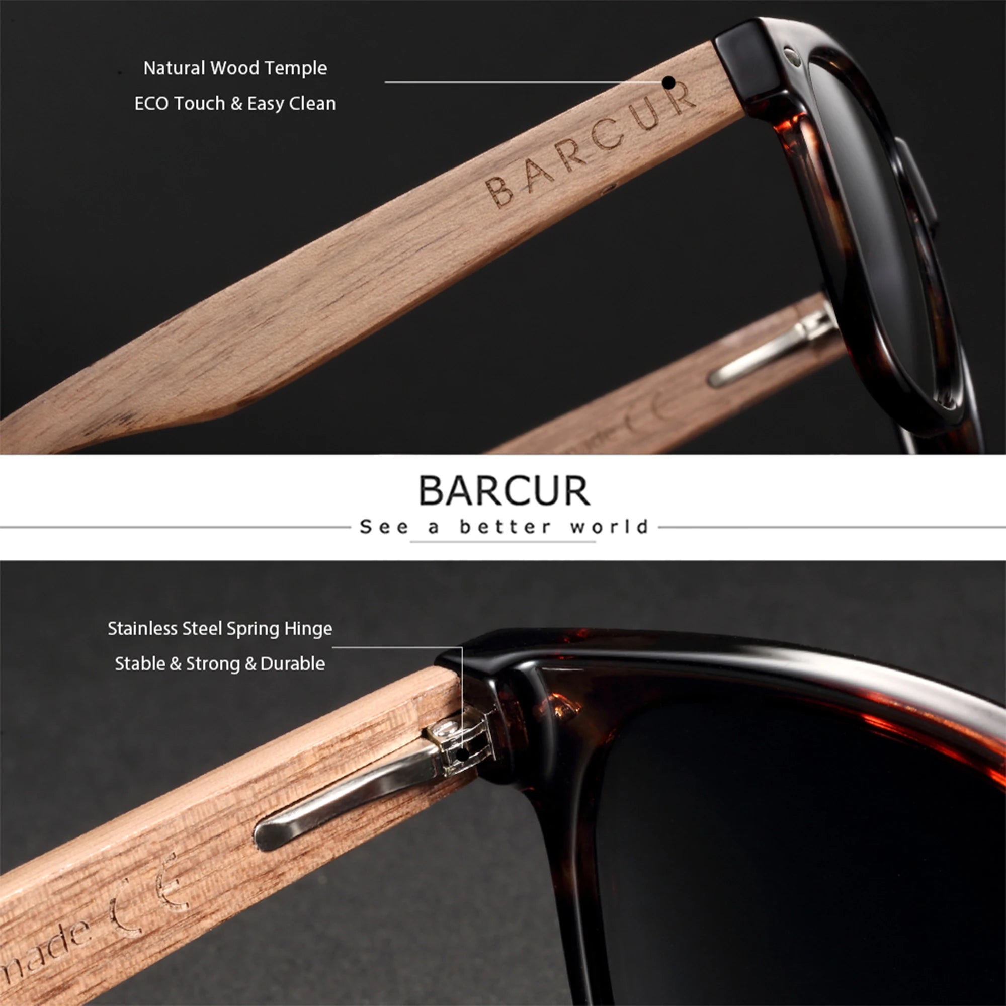 BARCUR Black Sunglasses for Men Sun Glasses Polarized Sunshade Natural Wood Sunglasses Men Eyeglasses Oculos