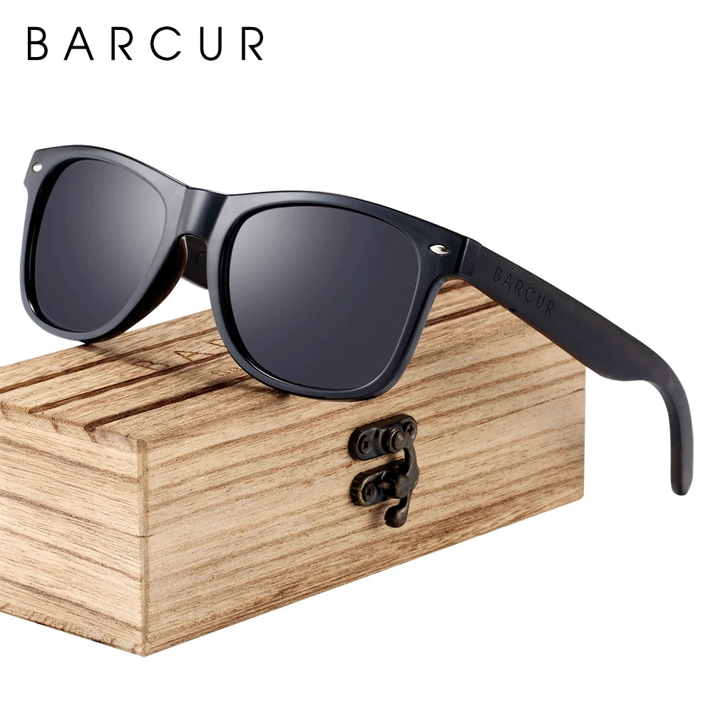 BARCUR Black Sunglasses for Men Sun Glasses Polarized Sunshade Natural Wood Sunglasses Men Eyeglasses Oculos