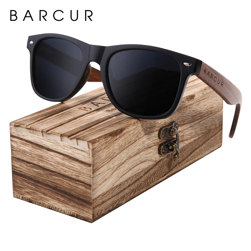 BARCUR Black Sunglasses for Men Sun Glasses Polarized Sunshade Natural Wood Sunglasses Men Eyeglasses Oculos