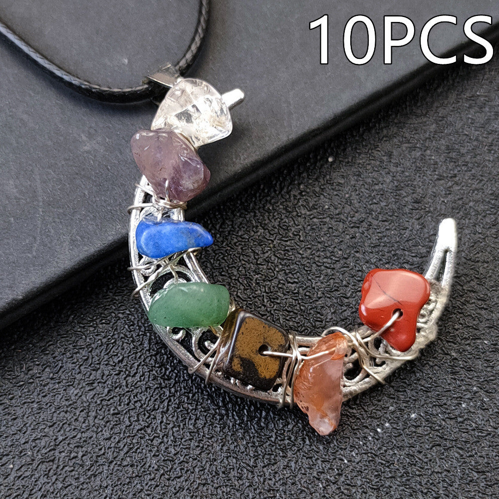 Collar con pentagrama y luna de los siete chakras y piedra de cristal