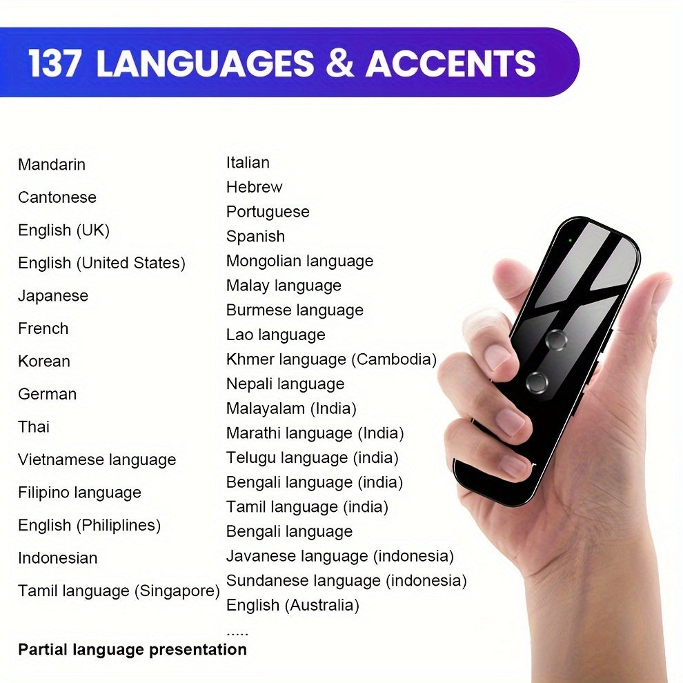 Portable Two-Way Language Translator with App Support for 137 Languages, High Accuracy for Travel, Business, and Learning