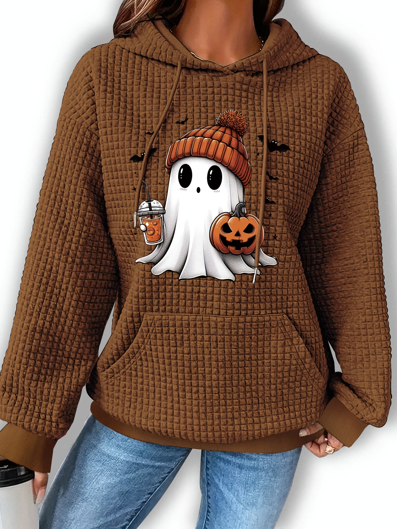 Halloween-Themed Casual Waffle Knit Hoodie with Pumpkin and Bat Design, Long Sleeve Drawstring Pullover with Hood, 95% Polyester 5% Spandex Blend, Fall/Winter Collection