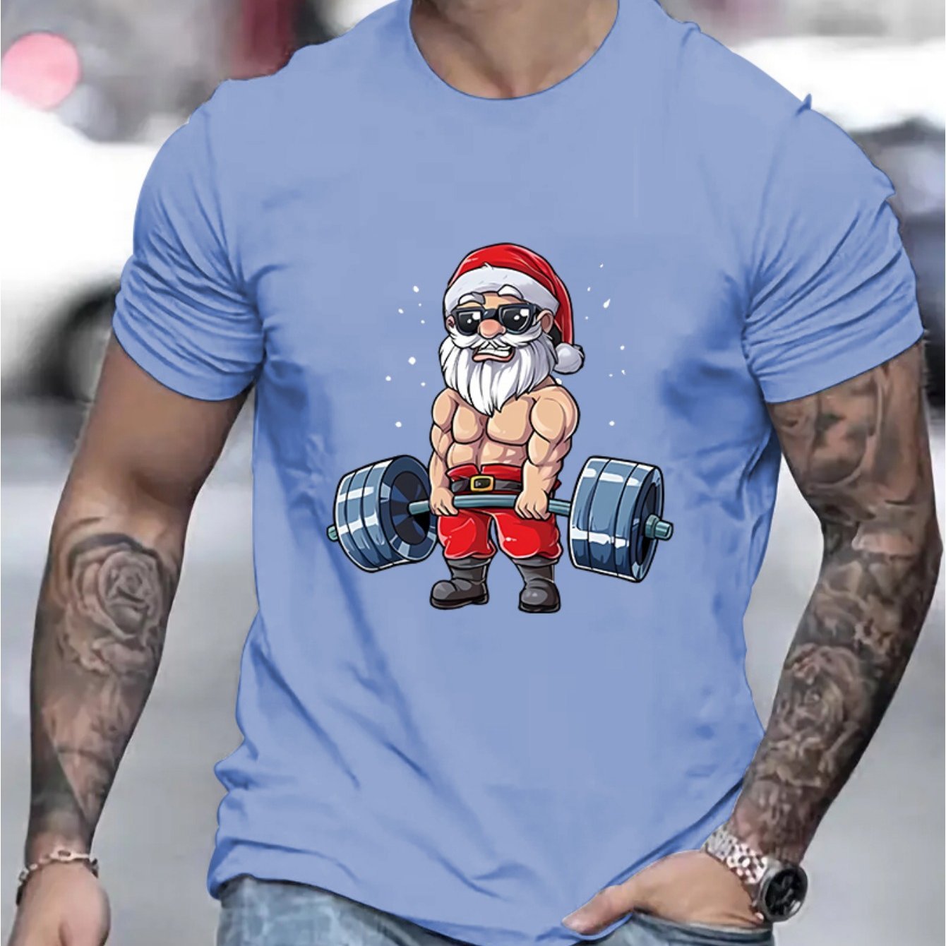 Round Neck Santa Claus And Barbell Print Men's Fashionable Summer Short Sleeved Sports T-shirt, Comfortable And Versatile