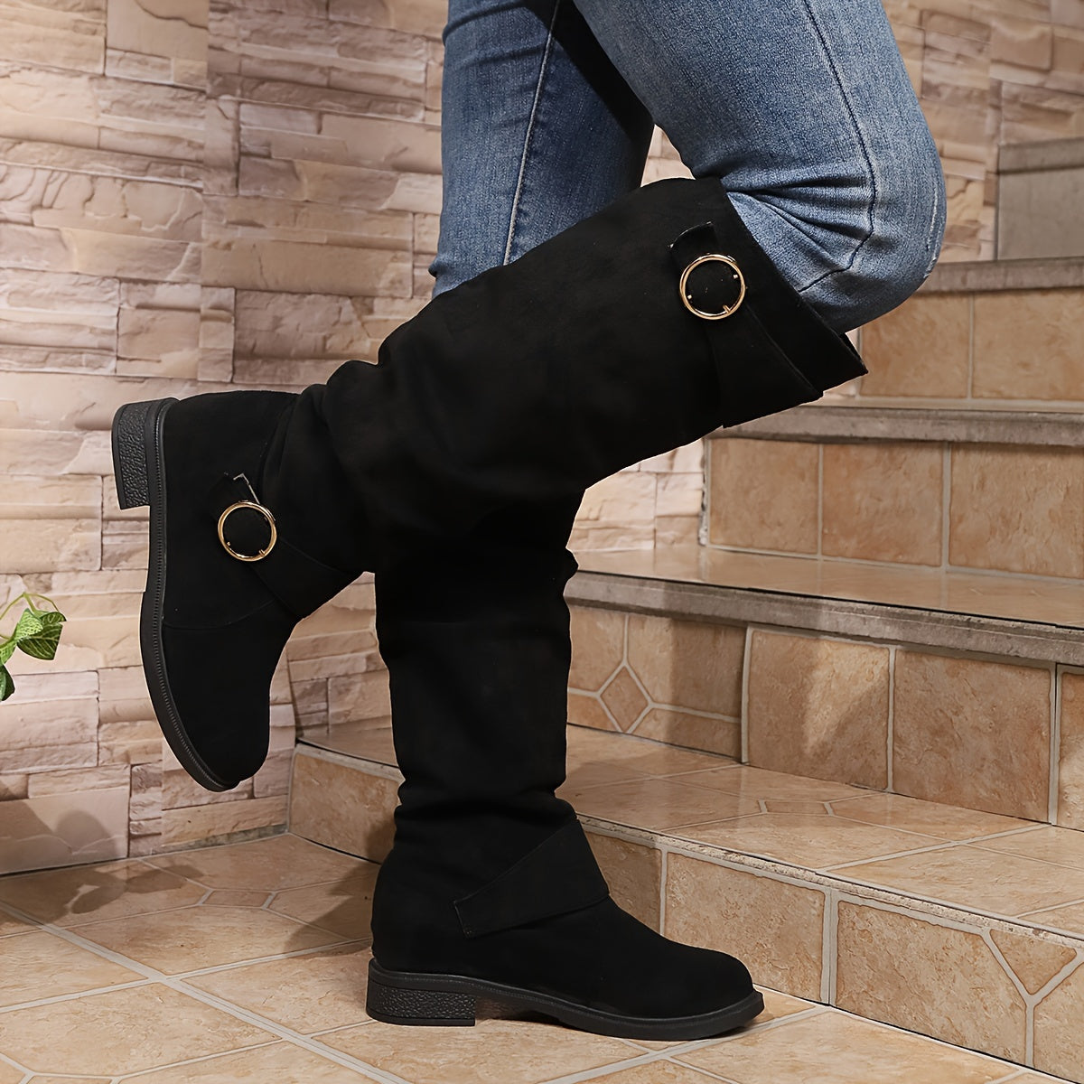Women's Solid Color Trendy Boots, Buckle Belt Pull On Chunky Heel High Knee Boots, Winter Round Toe Slouchy Boots
