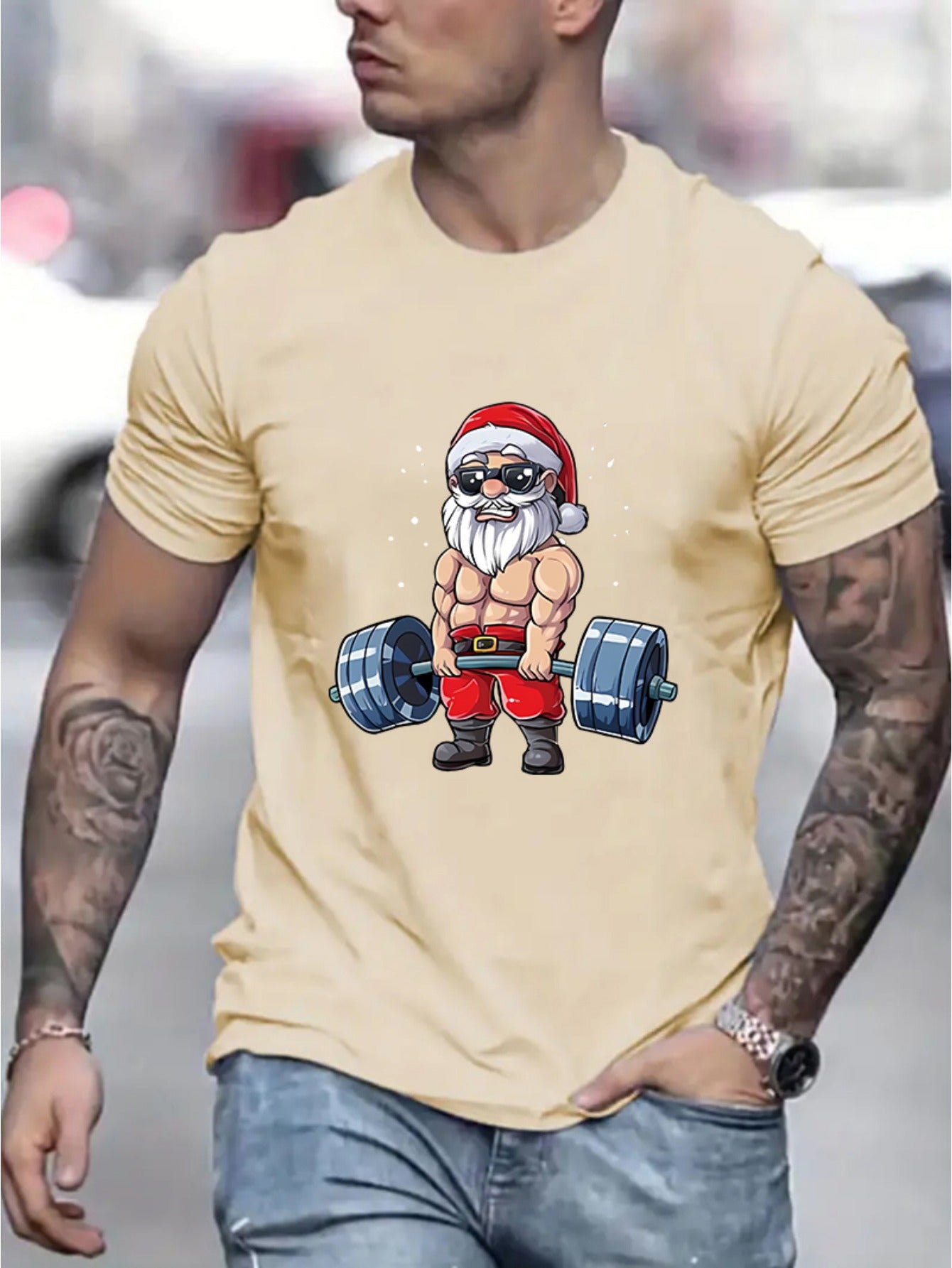 Round Neck Santa Claus And Barbell Print Men's Fashionable Summer Short Sleeved Sports T-shirt, Comfortable And Versatile