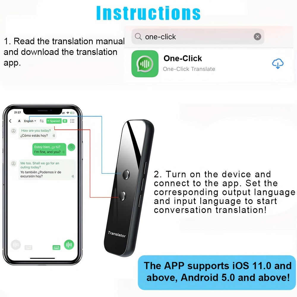 Portable Two-Way Language Translator with App Support for 137 Languages, High Accuracy for Travel, Business, and Learning