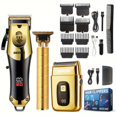 3pcs/set 8pcs 3pcs 3pcs Professional 3-Piece Golden Hair Clipper & Trimmer Set with USB Rechargeable, LCD Display, Electric Shaver, T-Blade, Limit Combs & Cleaning Brushes