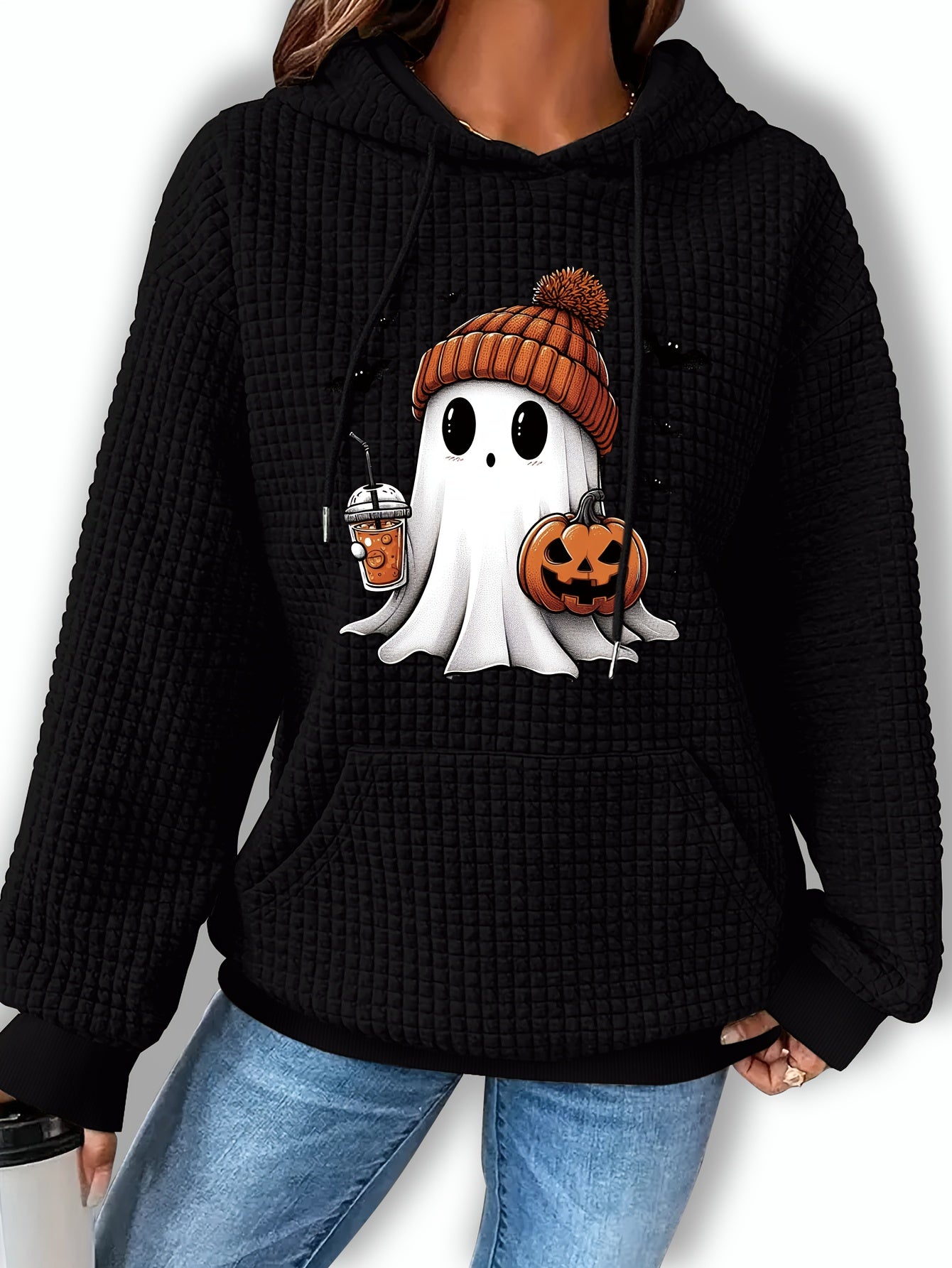 Halloween-Themed Casual Waffle Knit Hoodie with Pumpkin and Bat Design, Long Sleeve Drawstring Pullover with Hood, 95% Polyester 5% Spandex Blend, Fall/Winter Collection