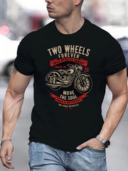 Men's Novel Pattern T-shirt, Motor Print, Polyester And Spandex, Retro Motorcycle Design, Casual Round Neck, Machine Washable