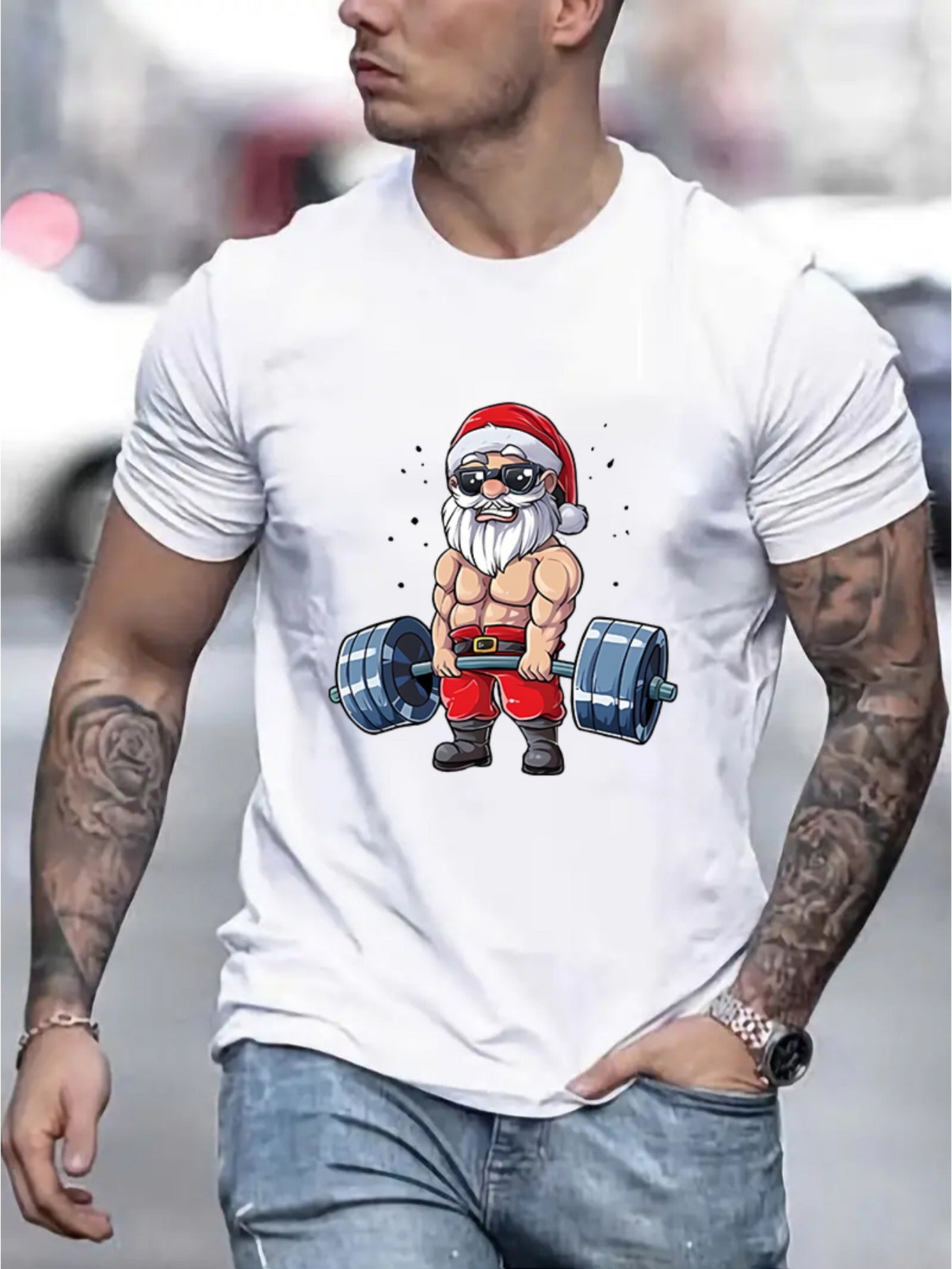 Round Neck Santa Claus And Barbell Print Men's Fashionable Summer Short Sleeved Sports T-shirt, Comfortable And Versatile