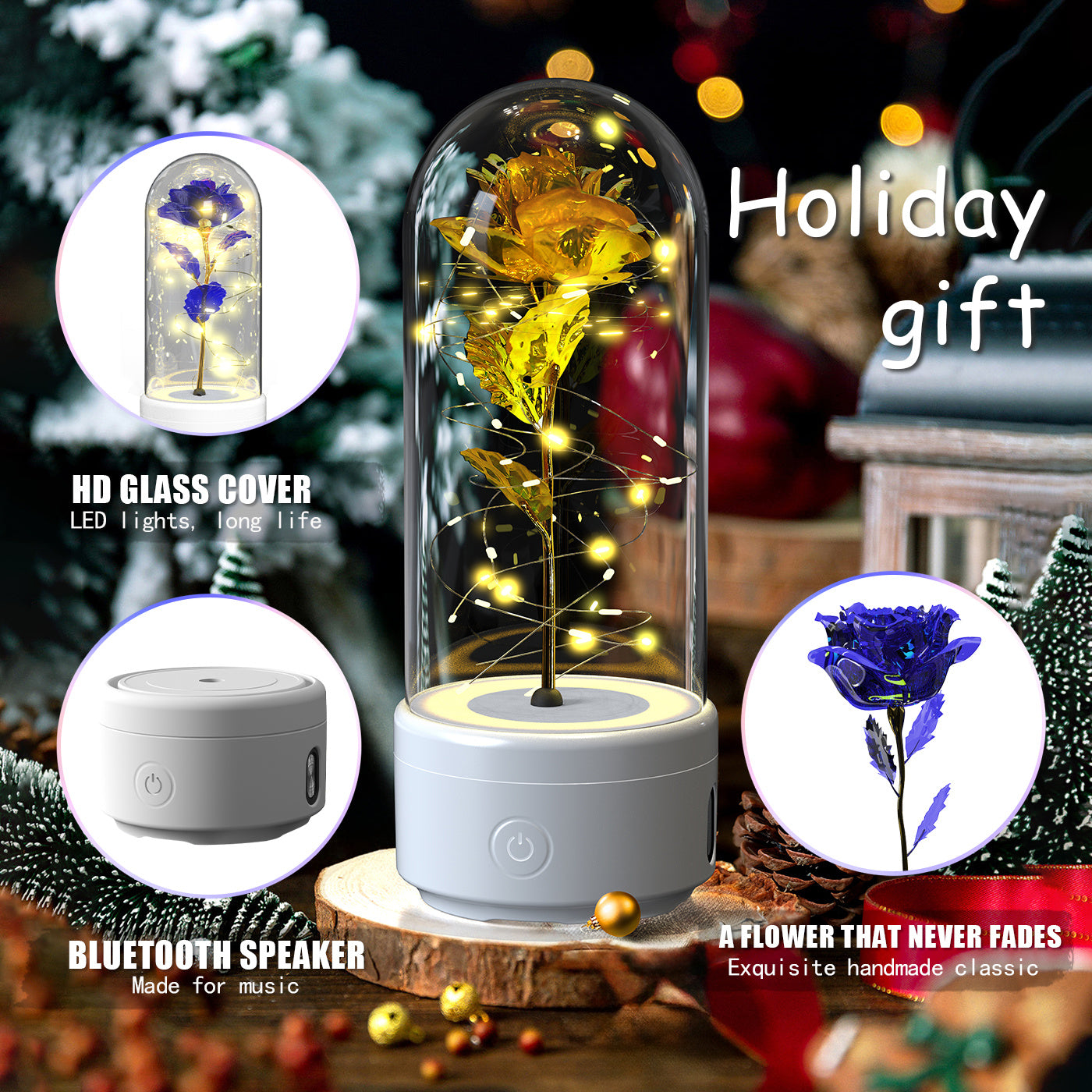 Luz LED creativa 2 en 1 con forma de rosa y altavoz Bluetooth, regalo de San Valentín, adorno de luz nocturna luminosa con forma de rosa en cubierta de vidrio