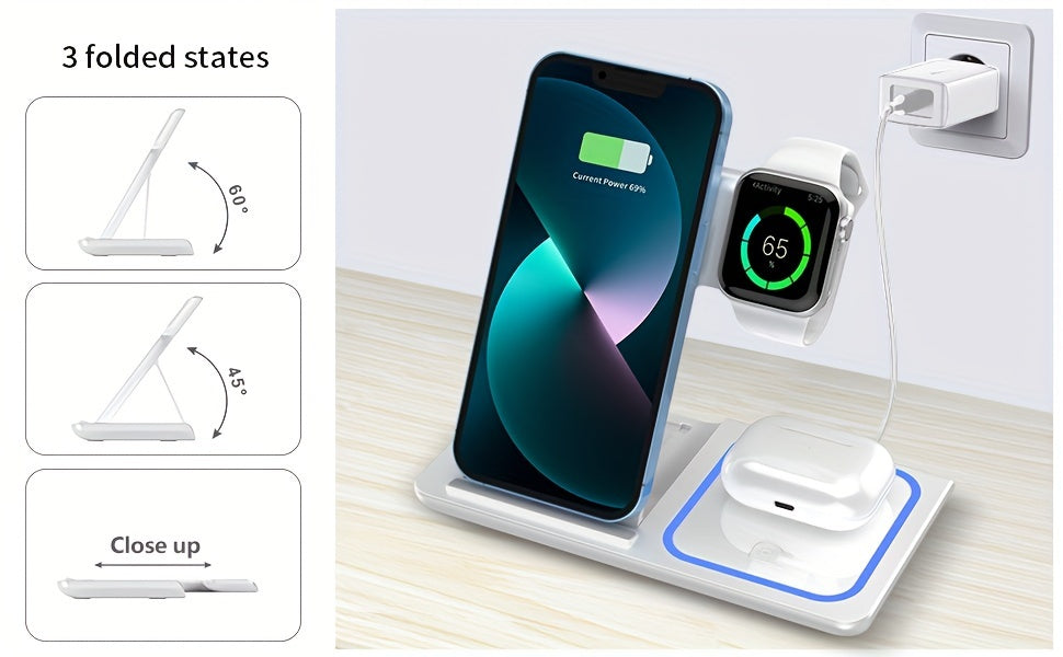 Wireless Charging Station 3-in-1 15W Fast Charging Charger Stand, For iPhone 16 15 14 13 12 11 X 8 Pro Max/Pro/Mini/Plus, For iWatch Ultra10/ 9/8 7/6/5/4/3/2 SE, For AirPods 3/2/Pro