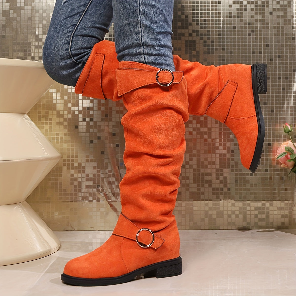 Women's Solid Color Trendy Boots, Buckle Belt Pull On Chunky Heel High Knee Boots, Winter Round Toe Slouchy Boots