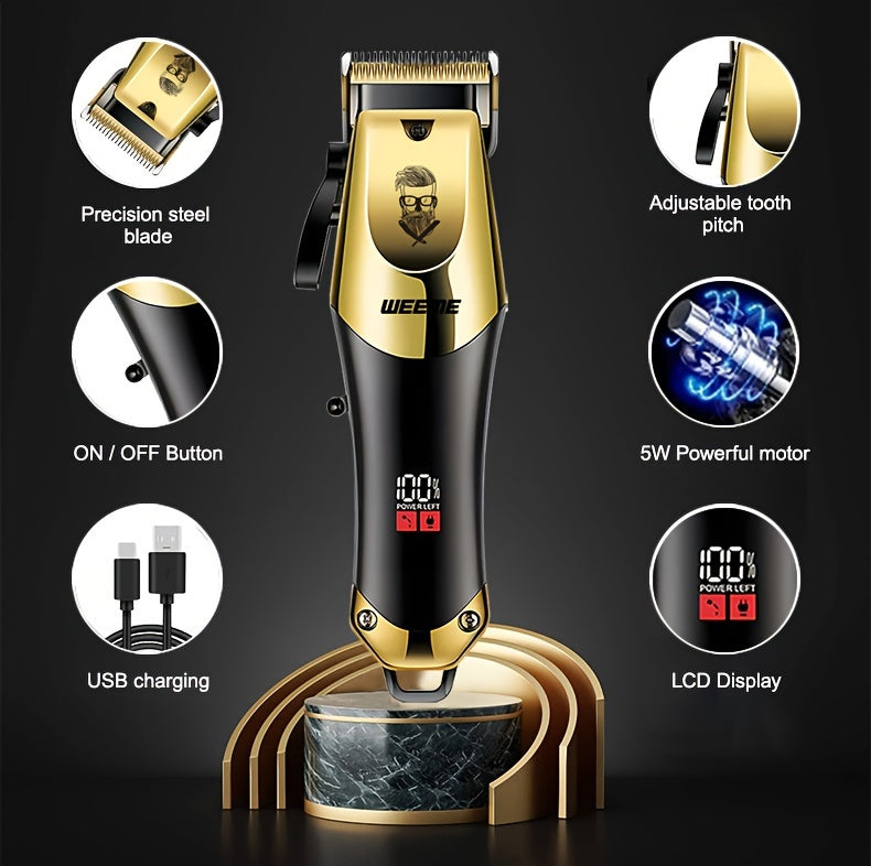 3pcs/set 8pcs 3pcs 3pcs Professional 3-Piece Golden Hair Clipper & Trimmer Set with USB Rechargeable, LCD Display, Electric Shaver, T-Blade, Limit Combs & Cleaning Brushes