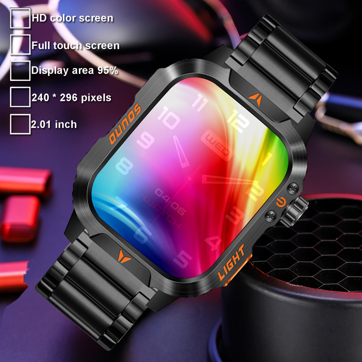 2.01 Inch Large Screen Men's Outdoor Sports Smartwatch with Flashlight, Waterproof, Fitness Tracking, Wireless Calls, Voice Assistant, and Notifications