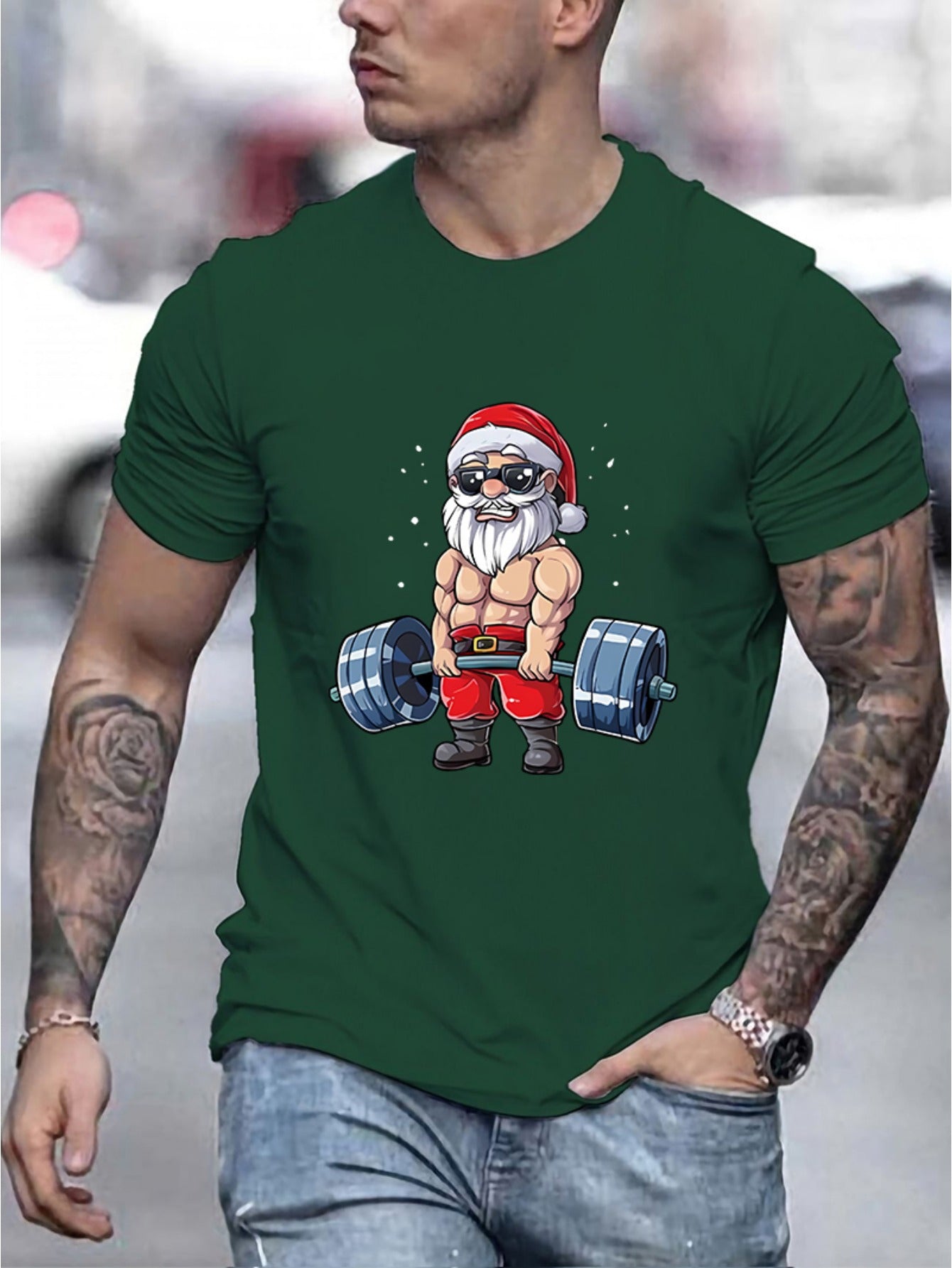 Round Neck Santa Claus And Barbell Print Men's Fashionable Summer Short Sleeved Sports T-shirt, Comfortable And Versatile