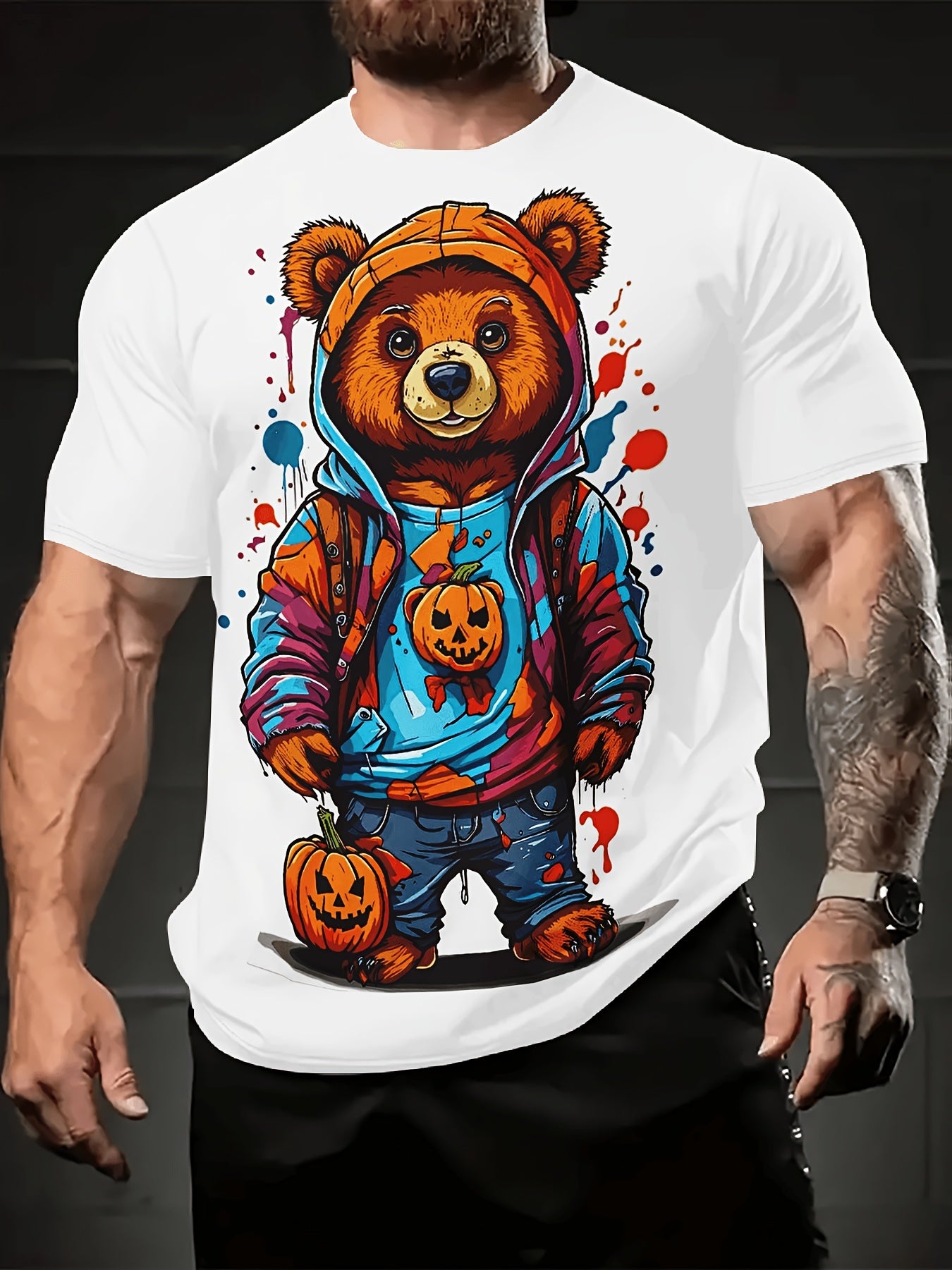 2024 Summer Trendy Men's T-shirt - Cool Bear Pattern, Soft Polyester Fiber, Round Neck Short Sleeve, Street Style