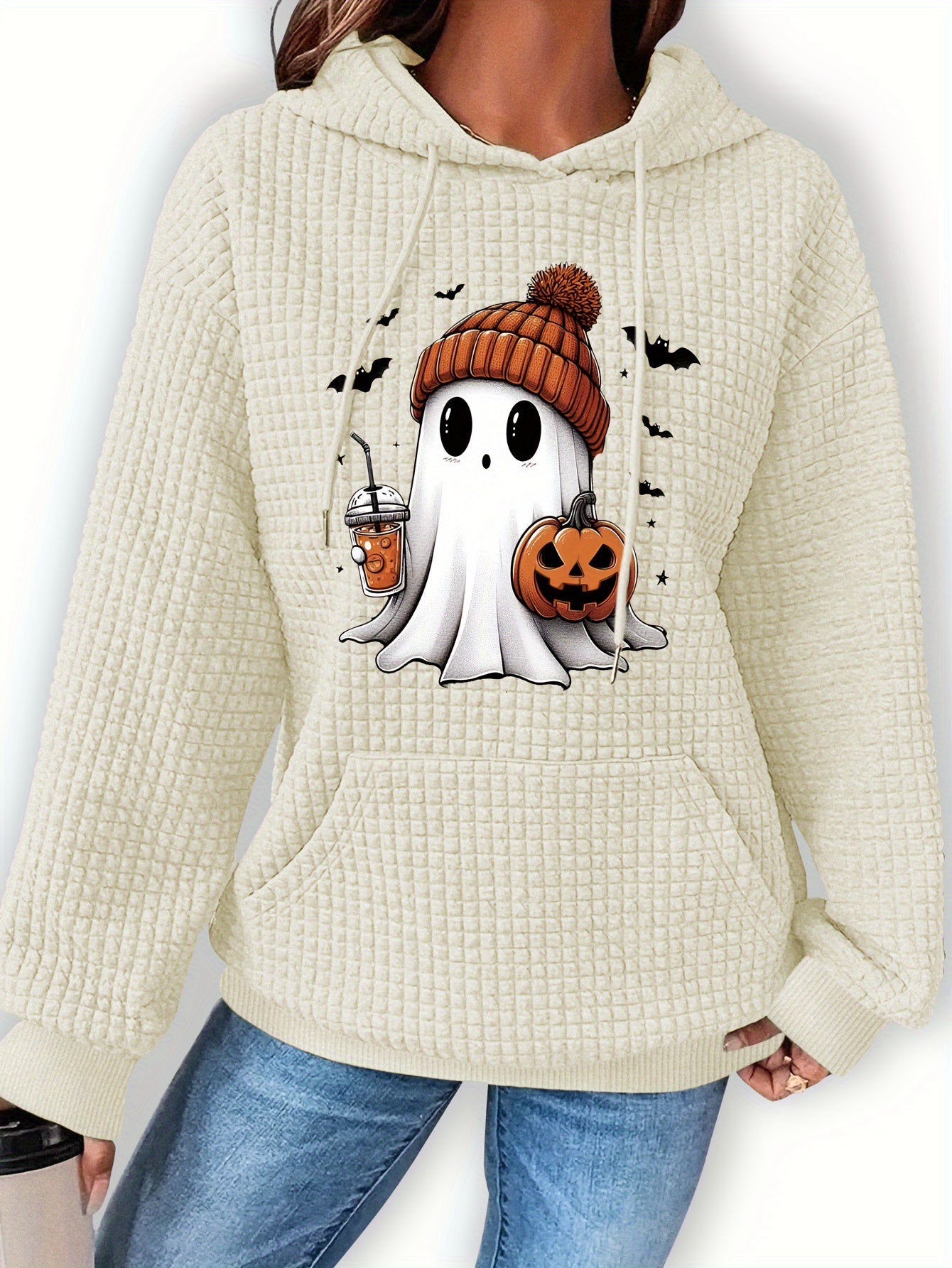 Halloween-Themed Casual Waffle Knit Hoodie with Pumpkin and Bat Design, Long Sleeve Drawstring Pullover with Hood, 95% Polyester 5% Spandex Blend, Fall/Winter Collection