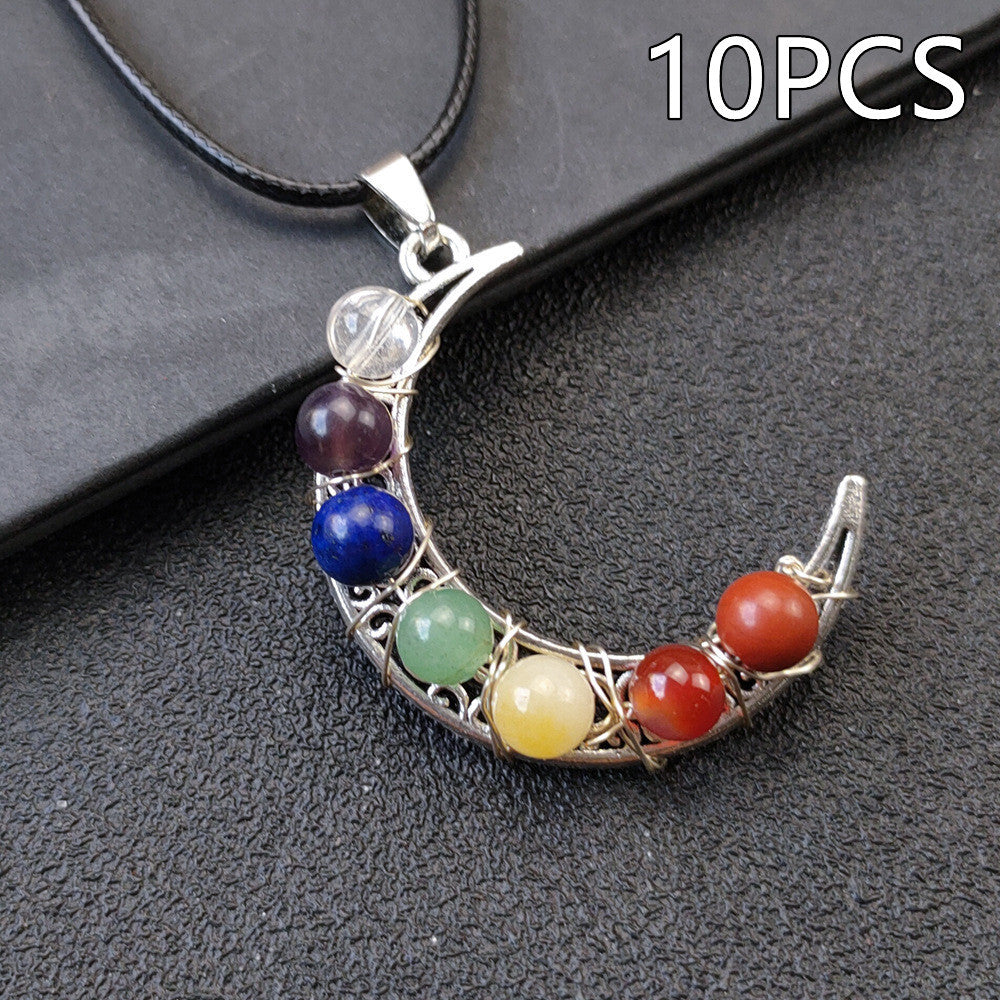 Collar con pentagrama y luna de los siete chakras y piedra de cristal