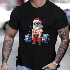 Round Neck Santa Claus And Barbell Print Men's Fashionable Summer Short Sleeved Sports T-shirt, Comfortable And Versatile