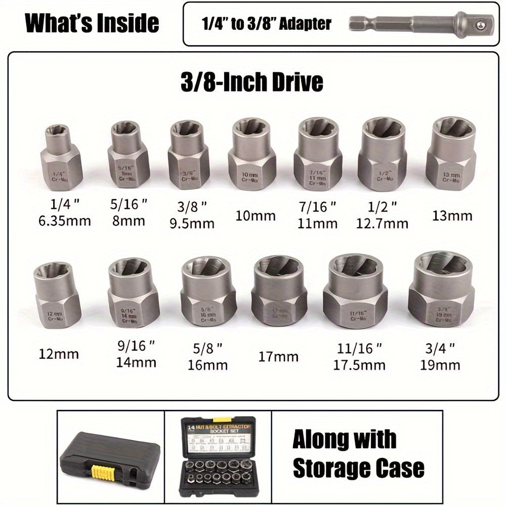 "14pcs/set 14-Piece 3/8"" Broken Nut Extractor Set with Middle Flying Tool"