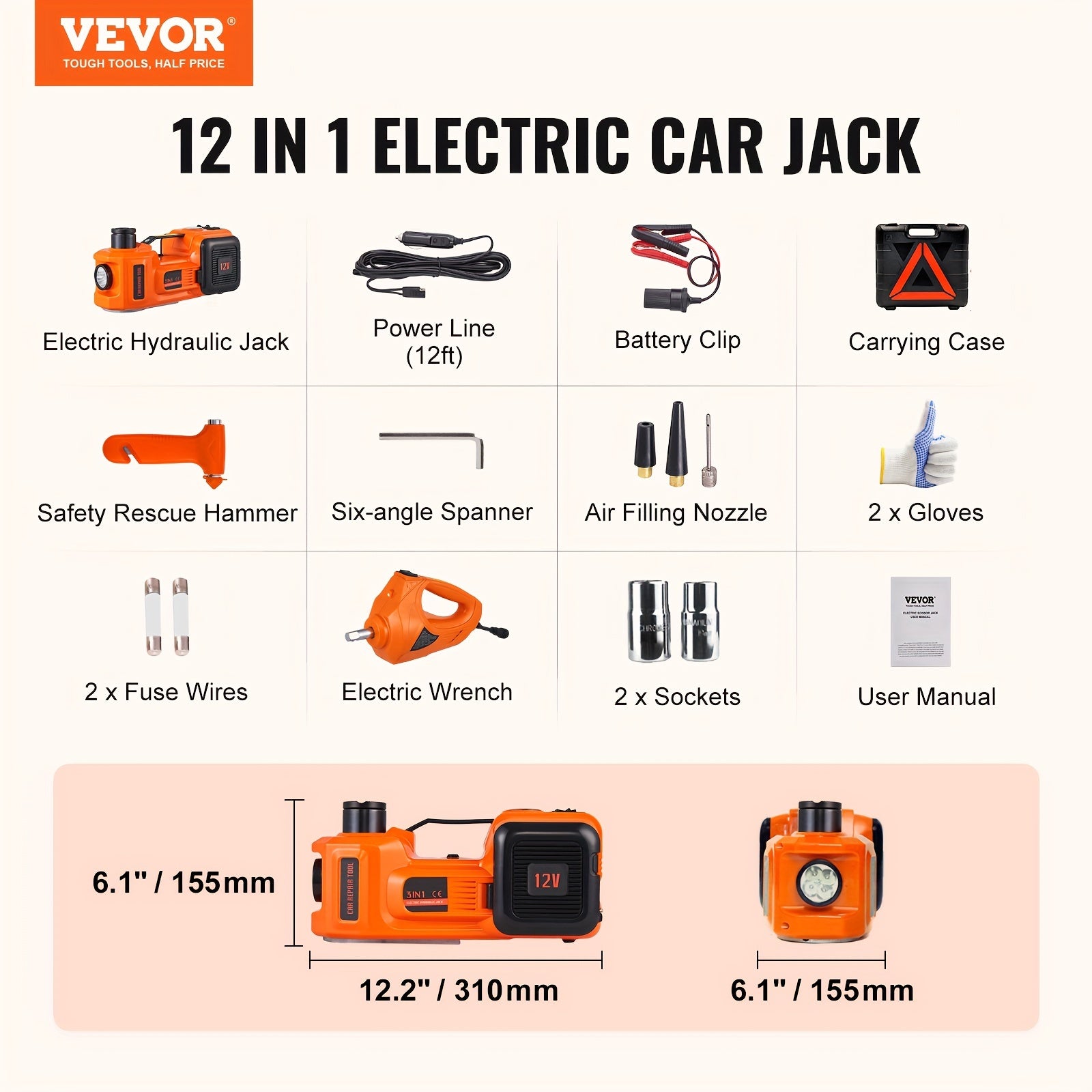 VEVOR Electric Car Jack, 5 Ton/11023 LBS Hydraulic Jack Lift With Electric Impact Wrench, Built-in Inflatable Pump, And LED Light For SUV MPV Sedan Truck Change Tires Garage Repair