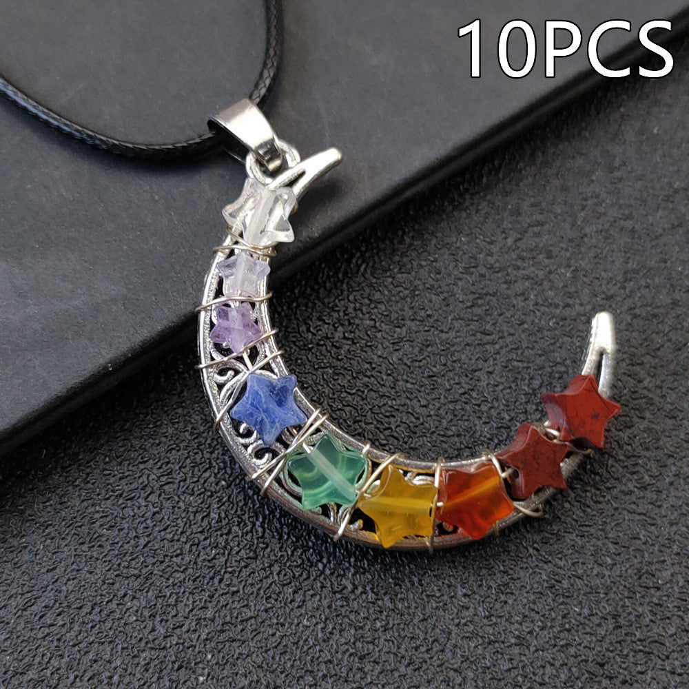 Collar con pentagrama y luna de los siete chakras y piedra de cristal