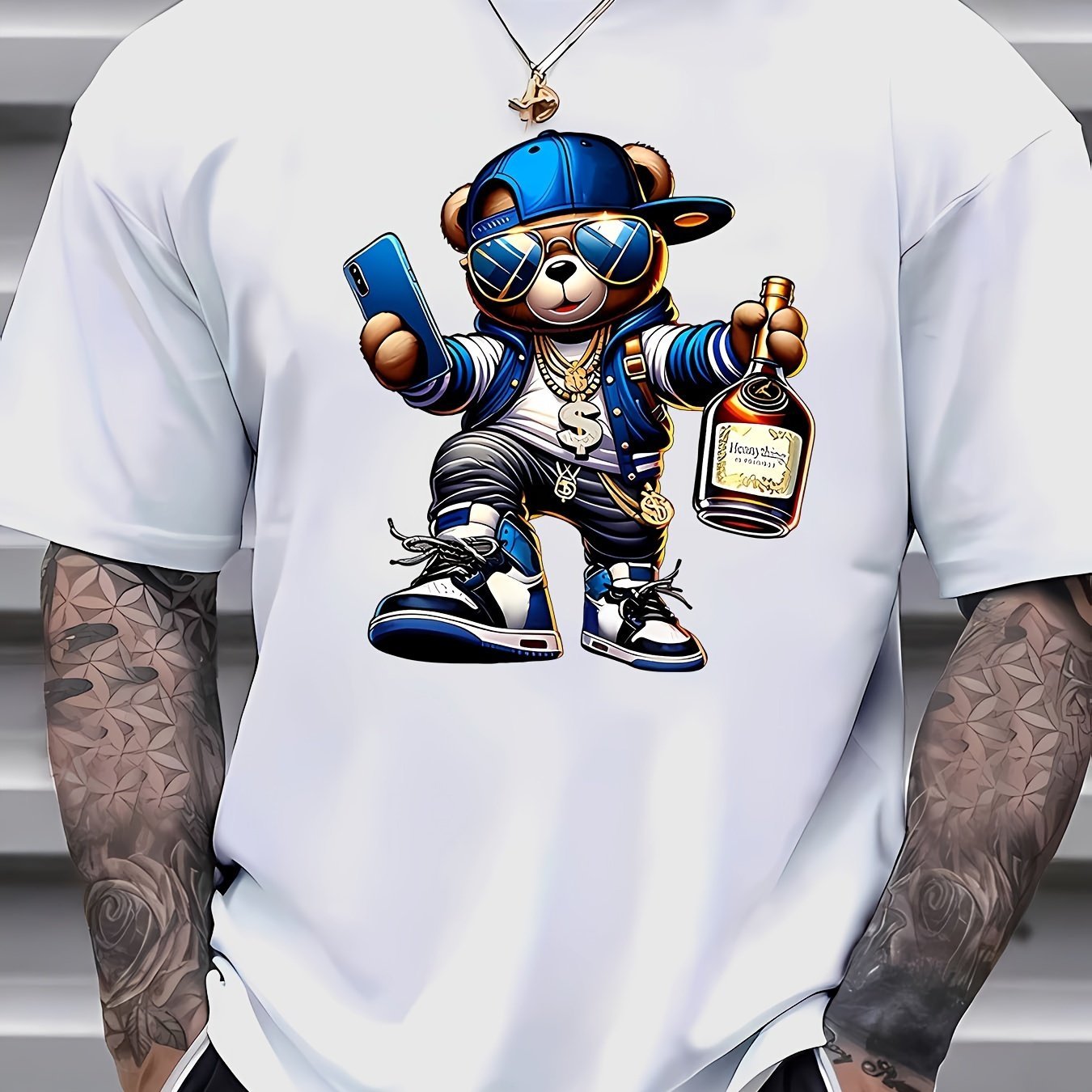 Street Style Bear Print T-shirt, Men's T-shirt, Summer Casual And Comfortable Short Sleeved T-shirt