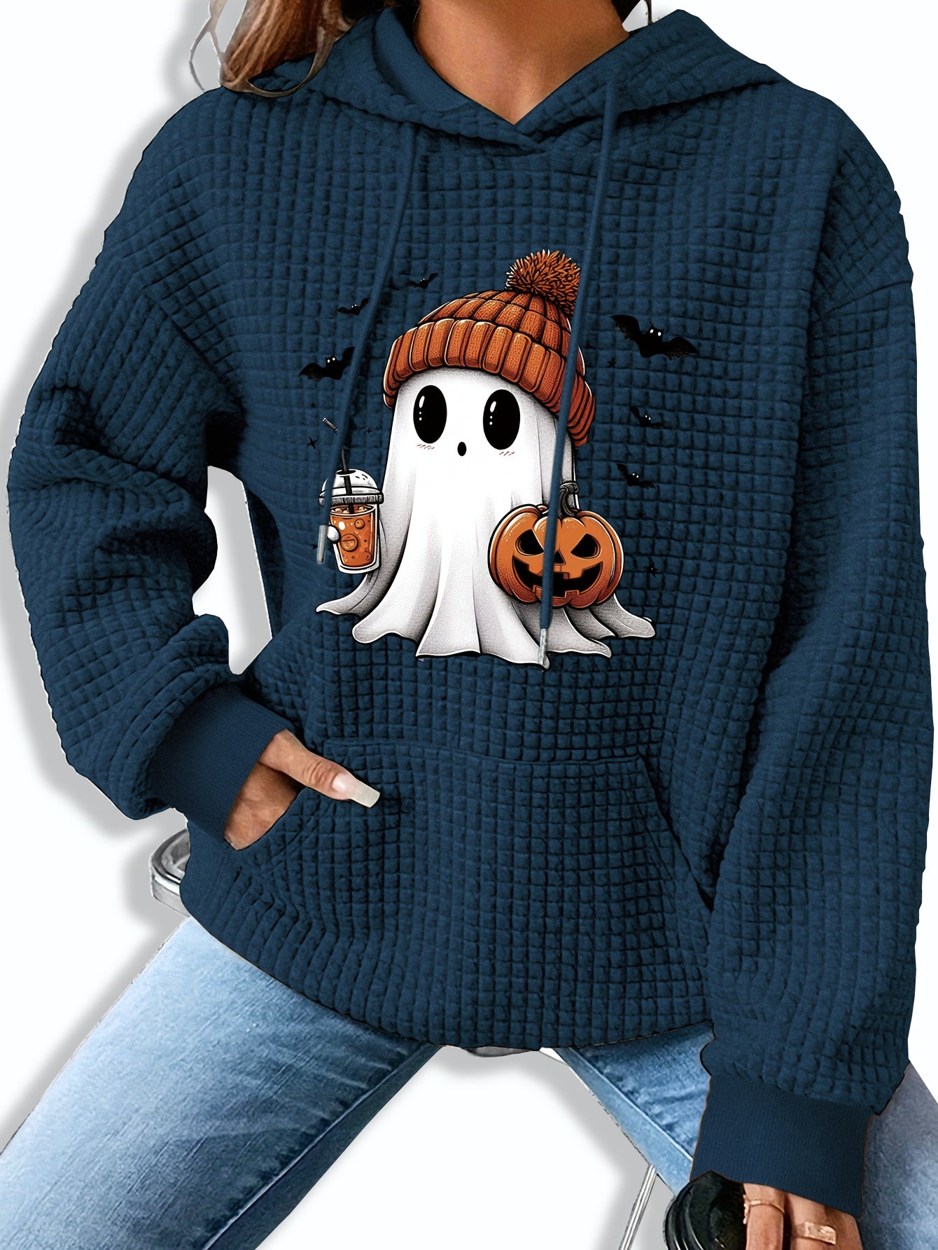 Halloween-Themed Casual Waffle Knit Hoodie with Pumpkin and Bat Design, Long Sleeve Drawstring Pullover with Hood, 95% Polyester 5% Spandex Blend, Fall/Winter Collection