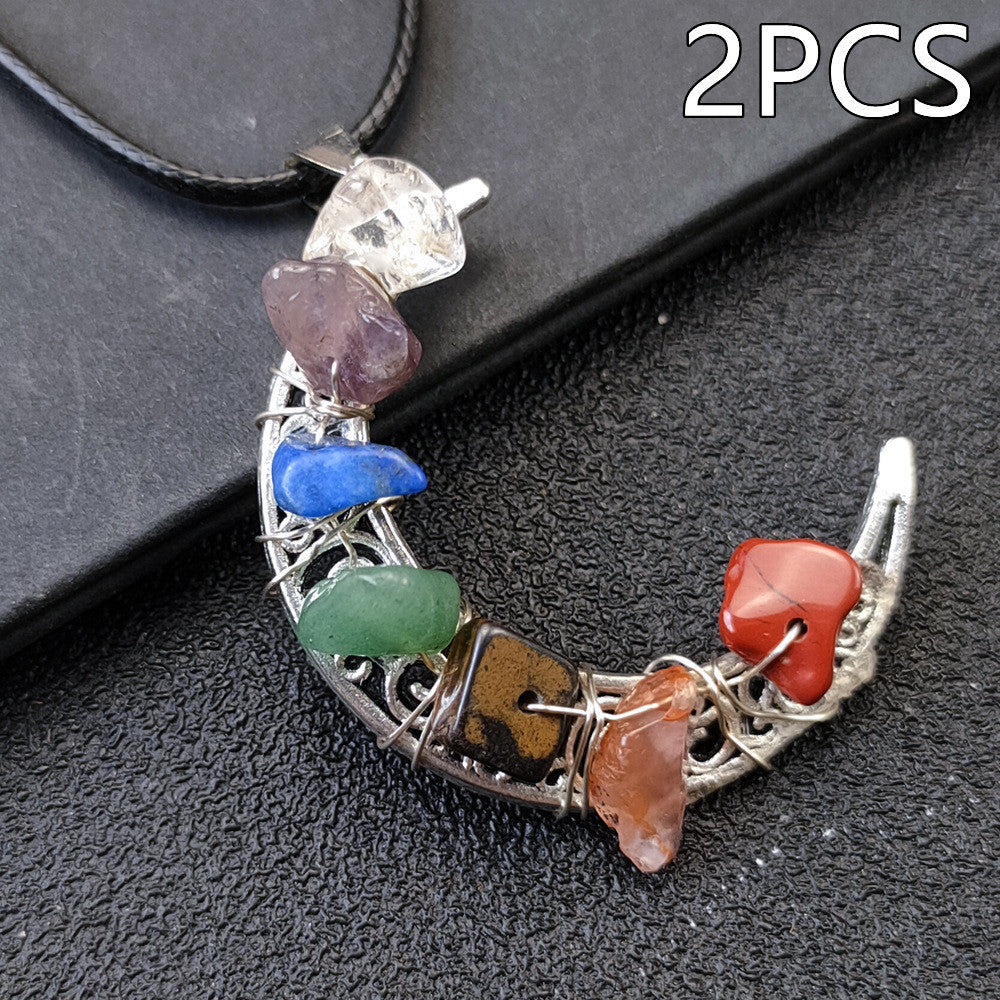 Collar con pentagrama y luna de los siete chakras y piedra de cristal