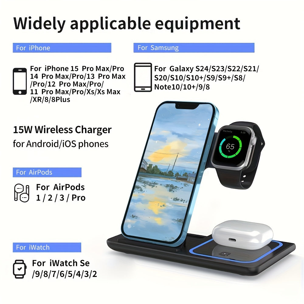 Wireless Charging Station 3-in-1 15W Fast Charging Charger Stand, For iPhone 16 15 14 13 12 11 X 8 Pro Max/Pro/Mini/Plus, For iWatch Ultra10/ 9/8 7/6/5/4/3/2 SE, For AirPods 3/2/Pro