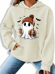 Halloween-Themed Casual Waffle Knit Hoodie with Pumpkin and Bat Design, Long Sleeve Drawstring Pullover with Hood, 95% Polyester 5% Spandex Blend, Fall/Winter Collection